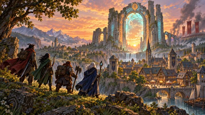 Adventurers overlooking Breachill and a glowing ancient gateway