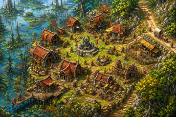 Bird's-eye view of the Vyrra’s Nest kobold hamlet beside the swamp