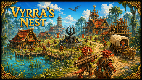 Cartoon view of the growing Vyrra’s Nest kobold hamlet beside the swamp